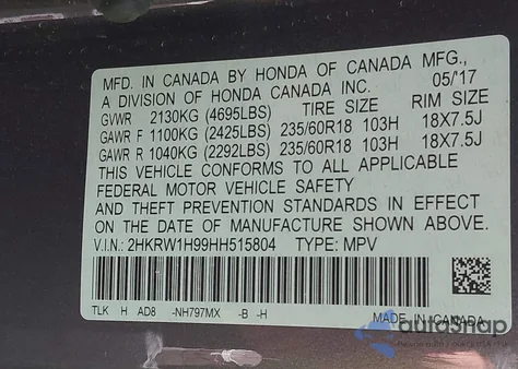 2017 Honda Cr-V Touring from USA, damaged, VIN 2HKRW1H99HH515804